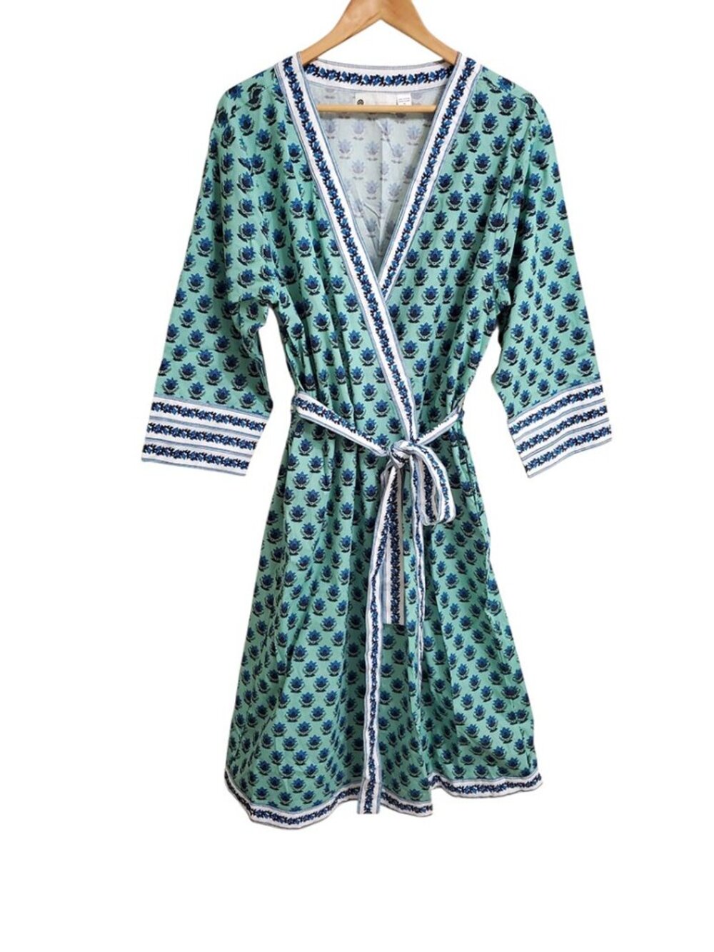 Ella Simone Womens Robe XL Block-Print Cotton Pockets Belted Floral Cottagecore